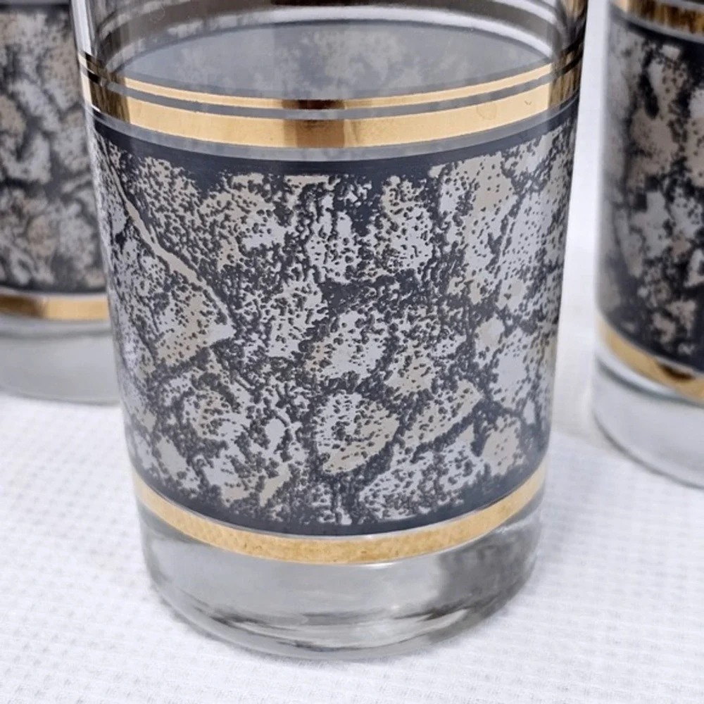 Vintage Snakeskin Tumbler Glasses Set‎ of 4 Gold Trim Retro Barware MCM 6 inch
